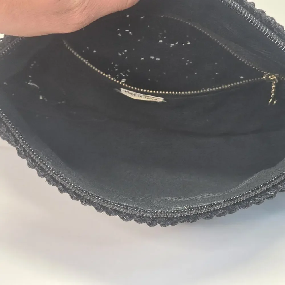 Vintage 1950s Black Cord Crochet Woven Clutch Handbag Purse Zip Retro MCM Japan